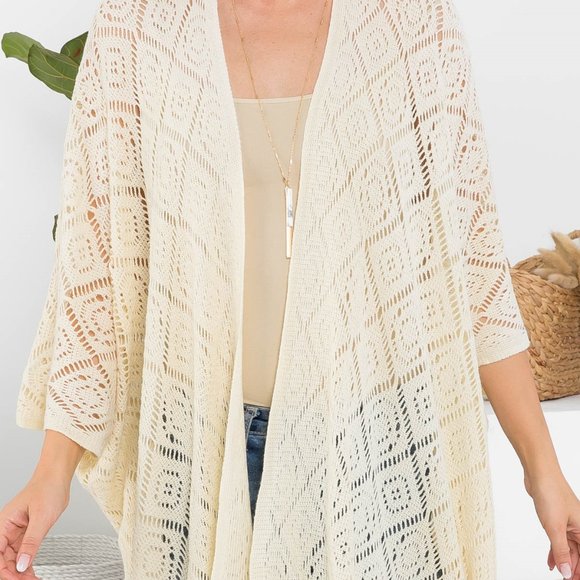 Bohemian Chic Crochet Fringe Swim Coverup Kimono Wrap Robe Sweater Sleeves OSFM - Picture 2 of 7